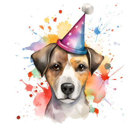 Portrait of Jack Russell Terrier dog with party hat. watercolor paintingの素材