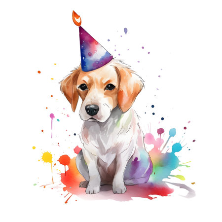Cute cartoon dog in birthday cap on watercolor splash background.の素材
