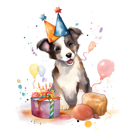 Happy birthday card with cute australian shepherd puppy dog. watercolor illustration.の素材
