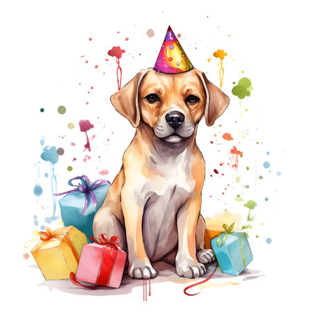 Cute dog in party hat with gift boxes. watercolor illustrationの素材