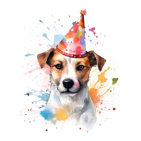 Jack russell terrier with birthday hat and colorful blotsの素材