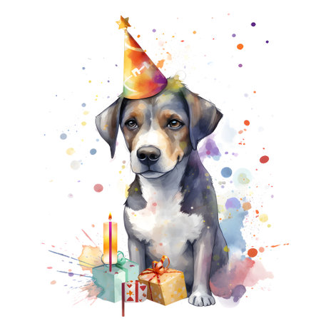 Cute cartoon dog with birthday cap and gift box. watercolor illustrationの素材