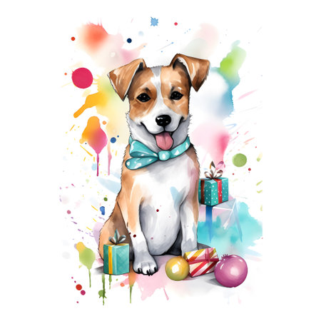 Cute dog with gifts, watercolor splashes, vector illustrationの素材