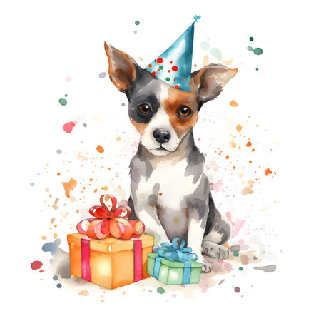 Cute little chihuahua dog with birthday hat and gifts. watercolor illustrationの素材