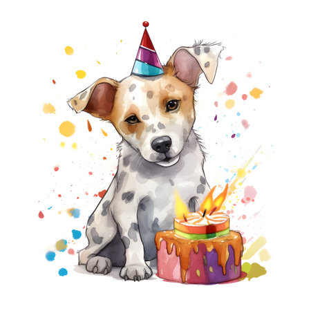 Cute cartoon dog with birthday cake, watercolor vector illustration.の素材