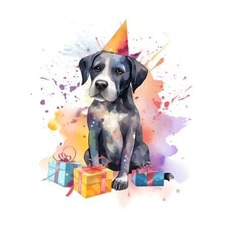 Watercolor illustration of a dog in a party hat with gifts.の素材