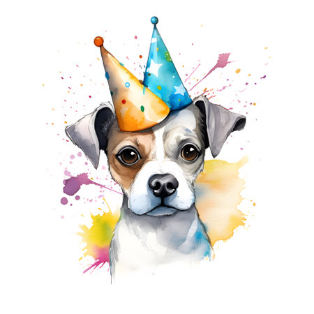 Portrait of a dog in a birthday cap. Vector illustration.の素材
