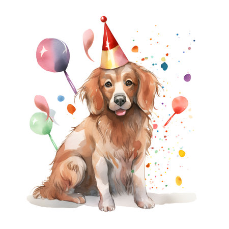 Watercolor illustration of a dog in a birthday hat with balloons.の素材