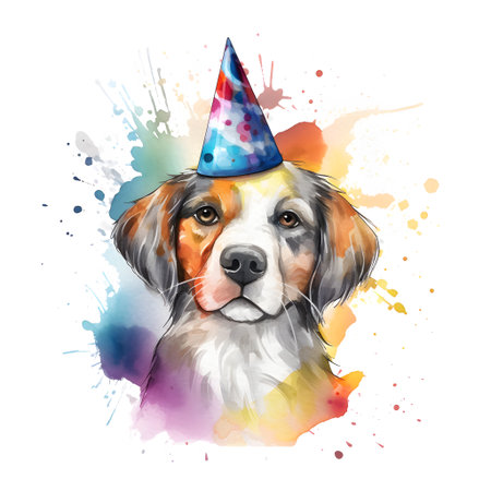 Portrait of a dog in a birthday cap. watercolor illustrationの素材