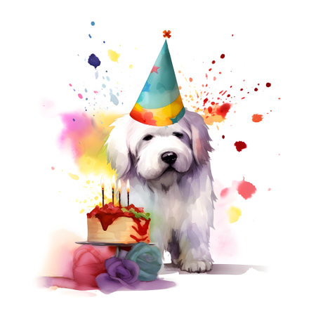 Cute white dog in birthday cap with cake. Vector illustration.の素材