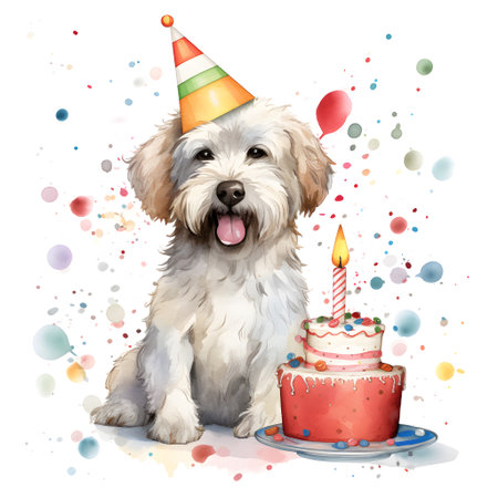 Cute dog with birthday cake, watercolor illustration, isolated on white backgroundの素材