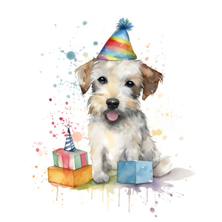 Cute dog with birthday hat and gifts. watercolor illustration.の素材