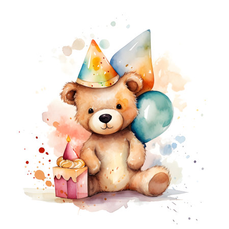 Cute teddy bear with birthday hat and present. watercolor illustration.の素材