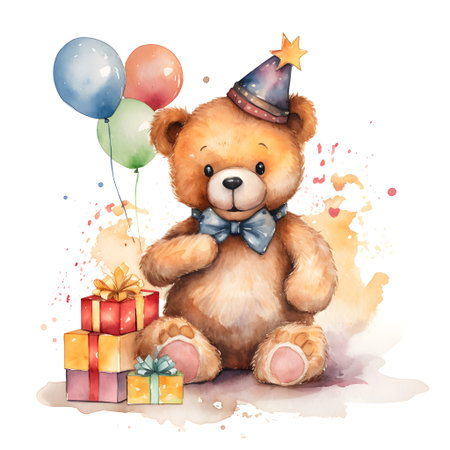 Cute teddy bear with birthday gifts. watercolor illustration.の素材