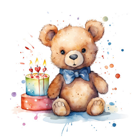 Cute teddy bear with birthday cake, watercolor vector illustrationの素材