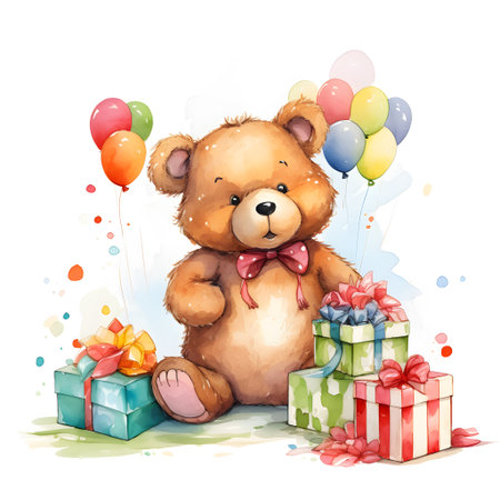 Cute teddy bear with gift boxes and balloons. Vector illustrationの素材