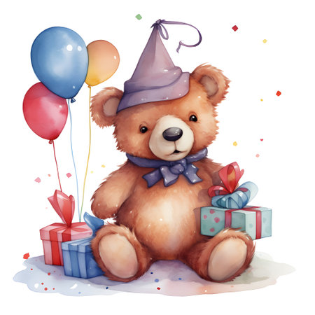 Cute teddy bear with gifts and balloons. watercolor illustrationの素材