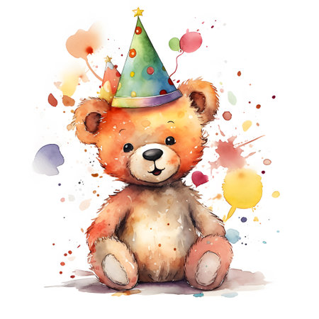 Cute cartoon teddy bear with birthday party hat. watercolor illustrationの素材