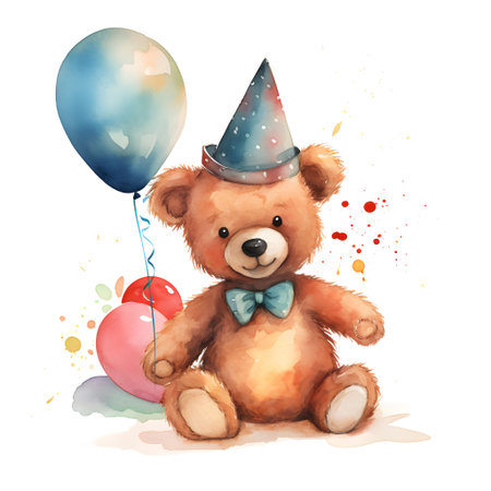 Cute teddy bear with birthday hat and balloons, watercolor illustrationの素材
