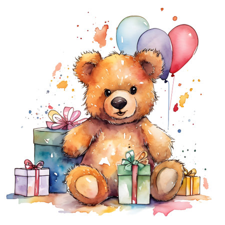 Cute teddy bear with gift boxes. watercolor illustration.の素材