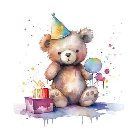 Cute teddy bear with birthday cake, watercolor illustration on white backgroundの素材