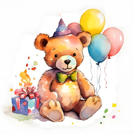 Cute teddy bear with birthday present and balloons, watercolor illustrationの素材