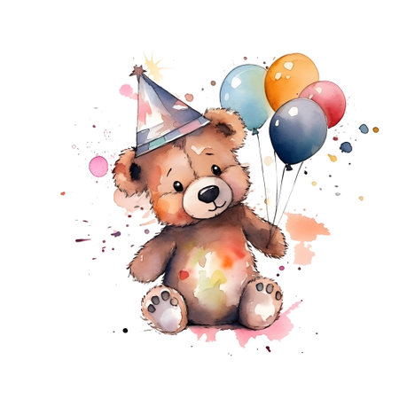 Cute teddy bear with party hat and balloons. watercolor illustrationの素材