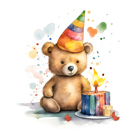 Cute cartoon teddy bear with birthday cake. watercolor illustrationの素材