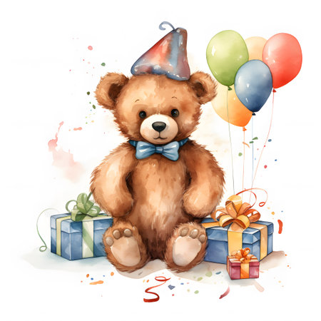 Cute teddy bear with birthday hat and gift boxes, watercolor illustrationの素材