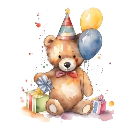 Watercolor illustration of a teddy bear with a birthday hat, balloons and giftsの素材