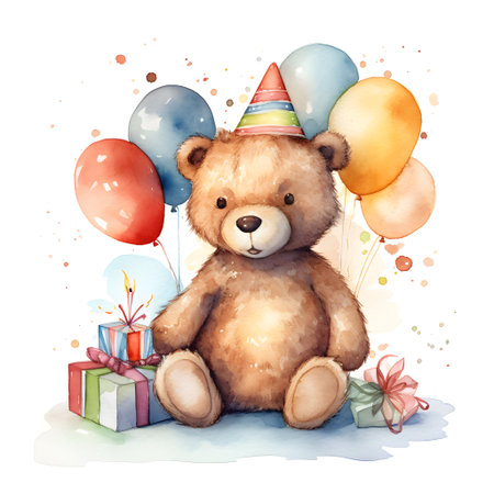 Cute teddy bear with birthday gifts and balloons. watercolor illustrationの素材