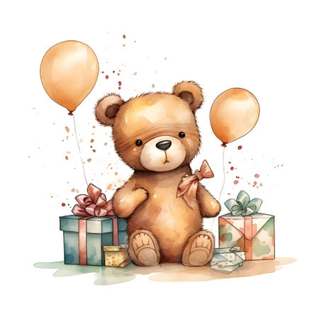 Cute teddy bear with gift boxes and balloons, watercolor illustrationの素材