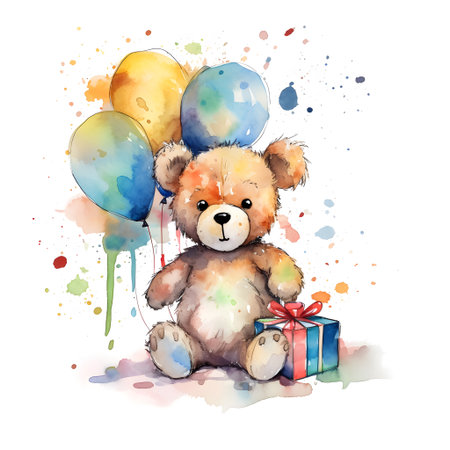 Watercolor teddy bear with a gift and balloons on a white backgroundの素材