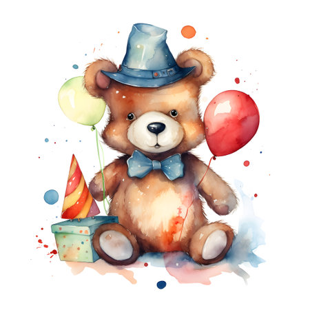 Cute teddy bear with party hat and balloons. watercolor illustrationの素材