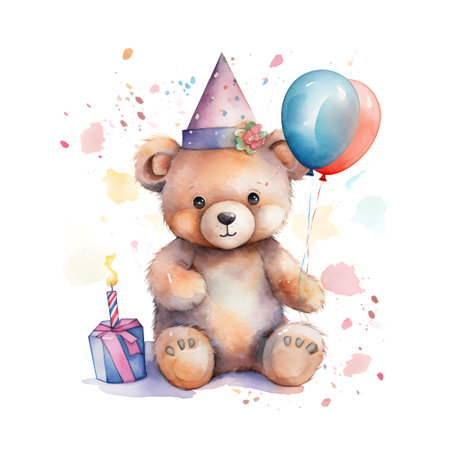 Cute teddy bear with birthday hat and balloons, watercolor illustrationの素材