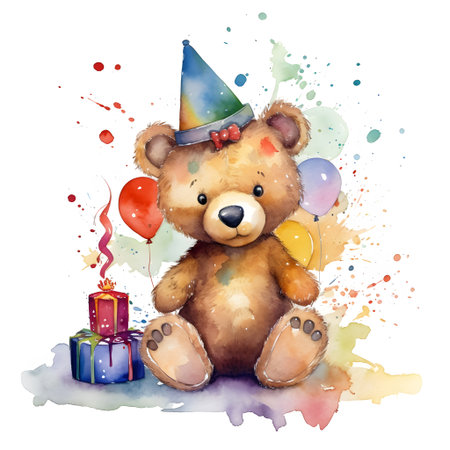 Cute teddy bear with birthday cake and candles, watercolor illustrationの素材