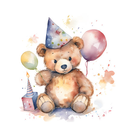 Cute teddy bear with birthday hat and balloons. watercolor illustrationの素材