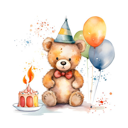 Cute teddy bear with birthday cake and balloons, watercolor illustrationの素材
