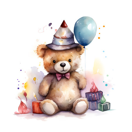 Cute teddy bear with birthday hat and balloons. watercolor illustrationの素材