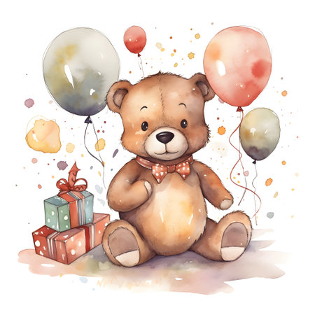 Cute teddy bear with gifts and balloons, watercolor illustrationの素材