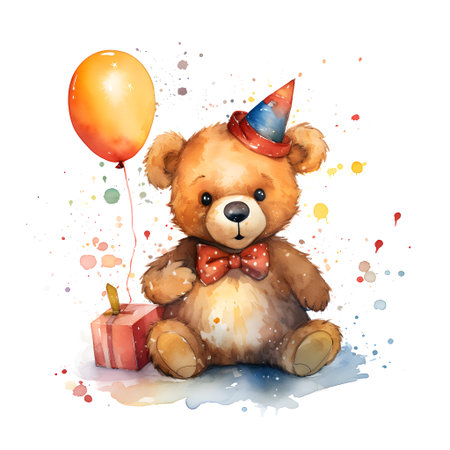Cute teddy bear with birthday present and balloon watercolor illustrationの素材