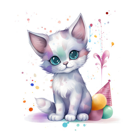 Cute kitten with blue eyes and party hat. Vector illustration.の素材
