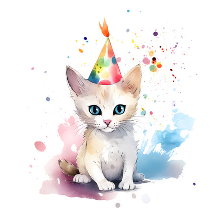 Cute kitten with a birthday hat. Watercolor hand drawn illustration.の素材