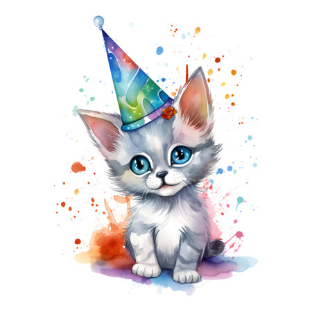 Cute kitten with a birthday hat. Watercolor illustration on white background.の素材