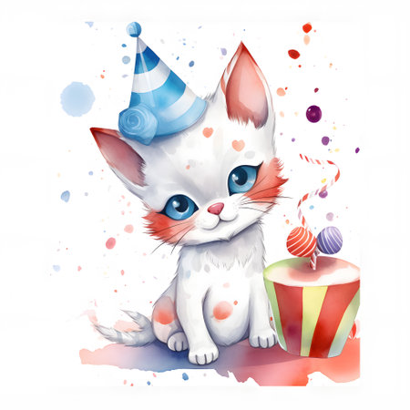 Cute white kitten with blue eyes and a birthday cake. Vector illustration.の素材