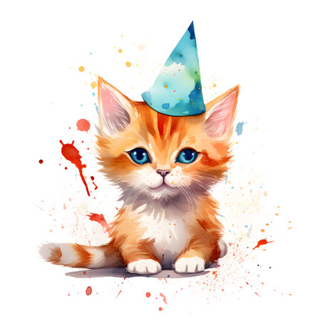 Cute red kitten with birthday cap. Vector watercolor illustration.の素材