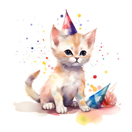Cute kitten with party hat and confetti. Vector illustration.の素材
