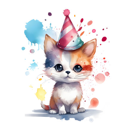 Cute kitten with birthday hat on white background. Vector illustration.の素材