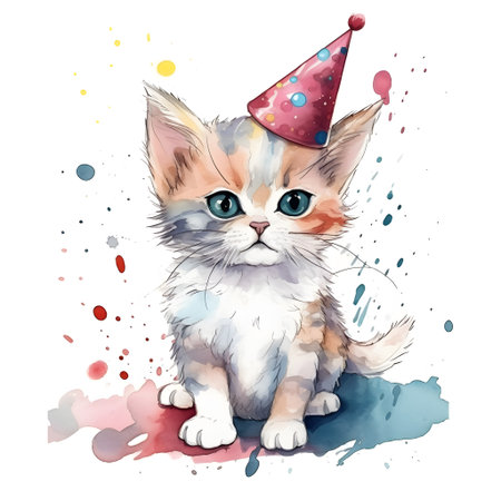 Cute kitten with birthday cap. Watercolor illustration on white background.の素材