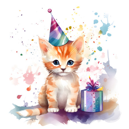Cute kitten with birthday hat and gift box. Vector illustration.の素材